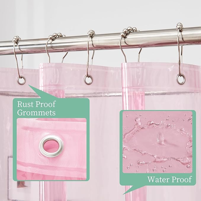 Mrs Awesome Clear Pink Shower Curtain Liner with 3 Magnets, 72x72 Premium Flexible Sturdy Plastic Shower Curtain for Bathroom Lightweight & Waterproof, Clear Pink