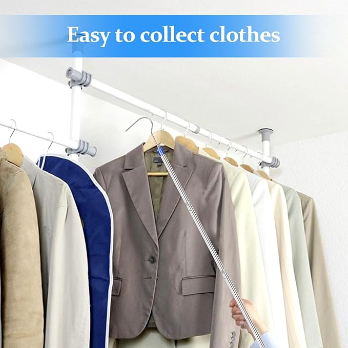 Clothes Hook Pole, Clothes Hanger Reaching Hook for Hanging Clothes Light and Plants Extendable from 29" to 74" Made of Stainless Steel Tube with Sponge Handle (with Two Hooks)