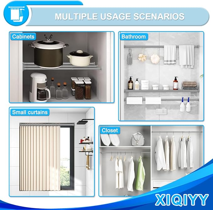 XQIYY Adjustable Shower Curtain Rod 28–48 Inches – Rustproof Spring Tension Rod for Windows & Bathrooms, No Drilling, Heavy Duty with Dual Brackets, Fits Smooth & Rough Surfaces, Grey