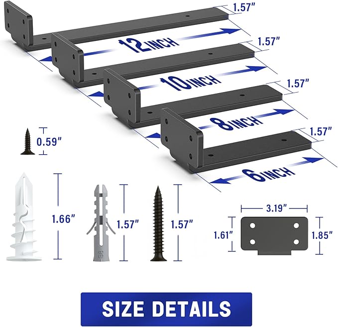 Goovilla Shelf Bracket, Heavy Duty Floating Shelf Brackets 6 inch Long, 12 Pack Brackets for Shelves, Black Coated Metal Wall Shelf Support Brackets with 1/5 Inch Thick and 160 lb. Load Capacity