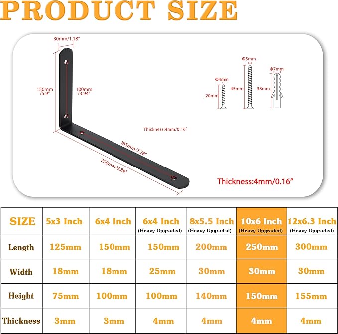 Alise Floating Shelf Brackets,Black Bracket for Shelves Heavy Duty L Wall Bracket Corner Brace,Stainless Steel Joint Angle Brackets for Wooden Board Hanging Support,10x6x1.2 Inch Upgraded(Pack of 4)