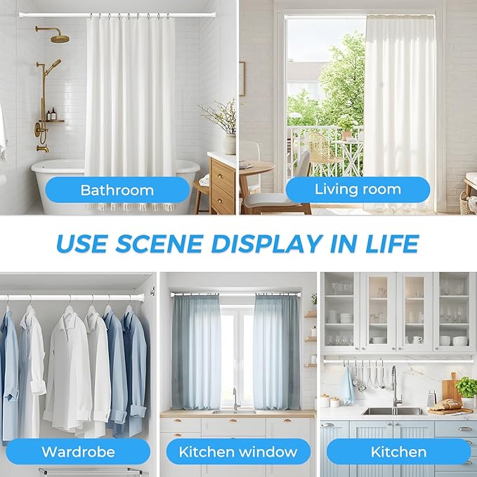 1pack Shower Curtain Rod 30-76 inch White Tension Rod Shower rod Non Slip Adjustable Curtain Rods No Drilling Tension Curtain Rod Shower Rods for Bathroom Windows Closet