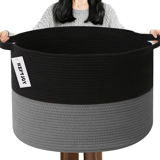 115L Large Blanket Basket,23.6"L x 23.6"W x 15.7"H Rope Woven Baskets with Handles, Toys Storage Bins,Laundry Basket Perfect for Living Room, Nursery,Bedroom,Home Organization,Black&Dark Grey