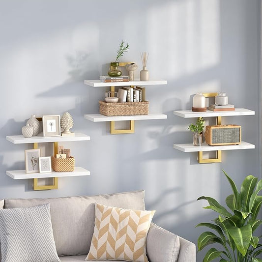 HOOBRO Floating Shelves, 15 Inch Wall Shelf Set of 3, Wall Mounted Storage Shelves 2-Tier, Hanging Bathroom Shelves, for Living Room, Bedroom, Bathroom, Kitchen, White and Gold DW32BJP301