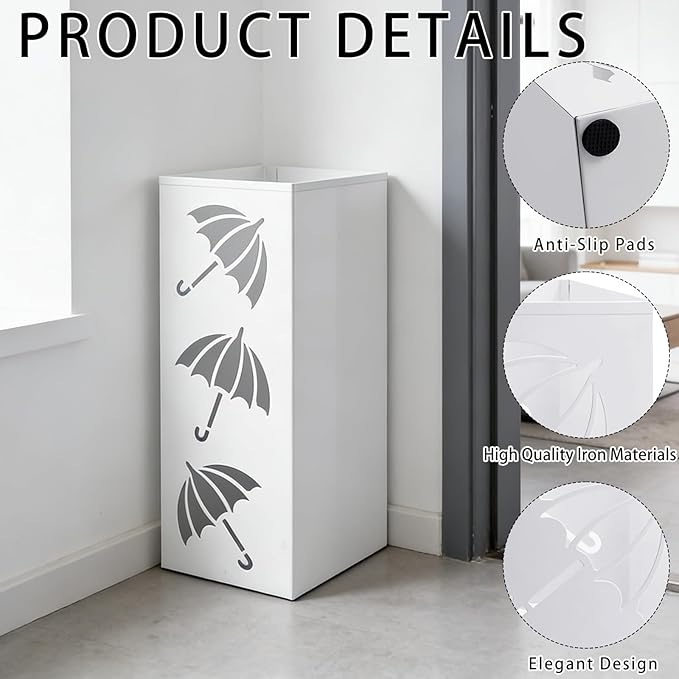 Metal Umbrella Holder, Square Freestanding Umbrella Stand Bucket Storage Indoor for Entryway, 6.3 x 6.3 x 16.3 Inch (White)