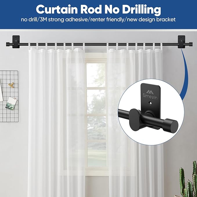 SIMEWIN Curtain Rods No Drilling for Windows 30 to 45 Inches, 5/8 Inch Diameter No Drill Small Curtain Rod Set with 3M Adhesive Brackets, Black