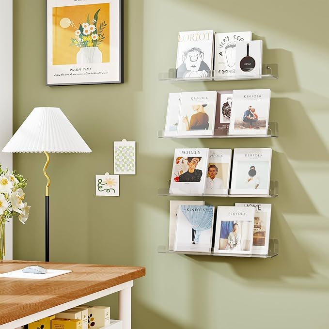 Dooiclear 2 Pack Floating Shelves for Wall, 15" Clear Book Shelf, Acrylic Floating Wall Shelf, Display Shelves Organizer for Bathroom, Classroom, Bedroom, Living Room, Kitchen, Room Decor