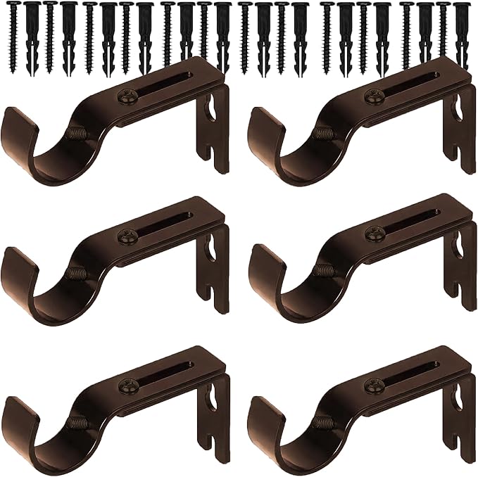 Premium Curtain Rod Brackets - 6 Pack Adjustable Wall Mounts, Curtain Rod Holders for 1 Inch Rod (Brown)
