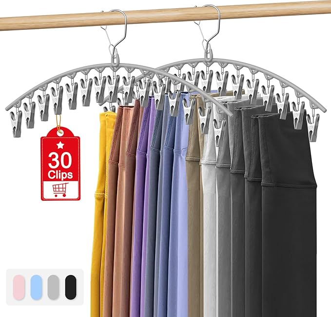 3 Pack Skirt Pants Hangers with Clips, Legging Organizer for Closet Hanging with 10 Cilps Holds 30 Leggings/Shorts/Jeans/Skirts Pants Hangers Space Saving Closet Organizers and Storage, Grey
