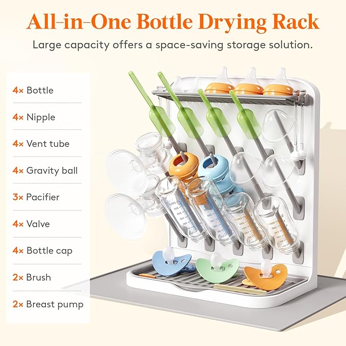 Lifewit Large Baby Bottle Drying Rack with Drain Mat & 15 Hooks, Newborn Essentials Must Haves, Countertop Holder Organizer for Baby Stuff, Rack Dryer for Pacifiers, Weighted Straws, Pump Parts