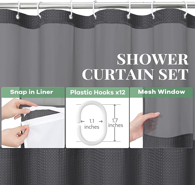 Dynamene Extra Long Shower Curtain, 84 Inch Long Waffle Fabric Shower Curtain for Bathroom, Tall Waterproof Cloth Shower Curtain Set with Hook, Snap in Liner, Mesh Top Window, Charcoal Grey, 72x84