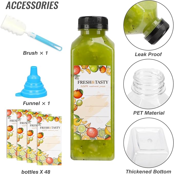 TOMNK 48pcs Juice Bottles, 16oz Reusable Plastic Juice Bottles with Caps and Labels, Funnel, Brush Beverage Containers for Juicing, Smoothies, Tea, Milk