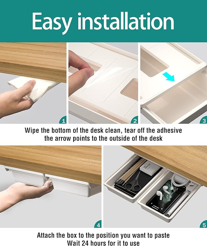 2Pack Under Table Desk Drawer Storage Organizer Slide Out, Hidden Self-Adhesive Under Desktop Pencil Tray Drawer for Office,Classroom,Kitchen(S/white）