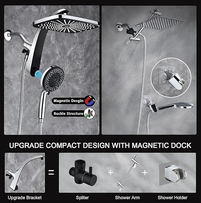 BOZYBO Rain Shower Head with Handheld: High Pressure Shower Heads with Handheld Spray Combo, 12" Rainfall Shower Head and 9 Sprays Hand Showerheads with Magnetic Docking and Power Jets, Chrome 2.5GPM