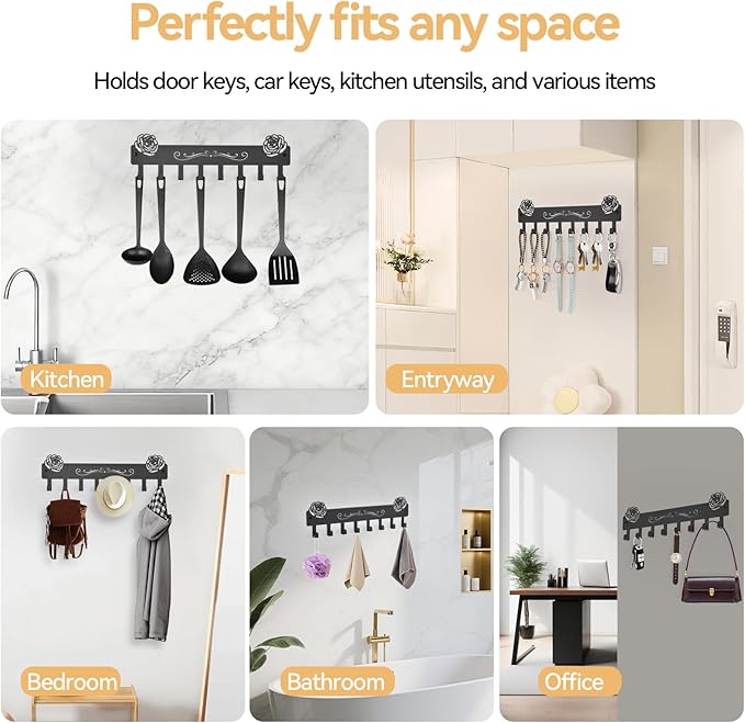Key Holder Wall Mount with 8 Key Hooks for Wall, Adhesive or Drill Wall Key Holder, Modern Key Organizer Wall Mount Key Rack for Entryway, Kitchen, Hallway, RV Decor（Large）