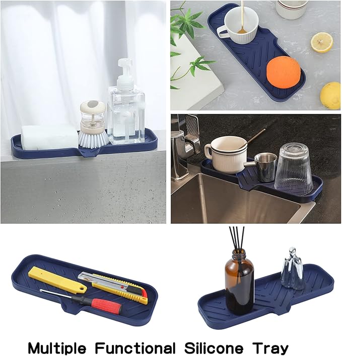 MicoYang Silicone Soap Dish with Drain Spout — Self-Draining Double Sink Organizer Tray for Kitchen & Bathroom, Dispensers, Sponges & Soap Holder, Non-Slip & Dishwasher Safe, Navy Blue (Large, 12"×4")