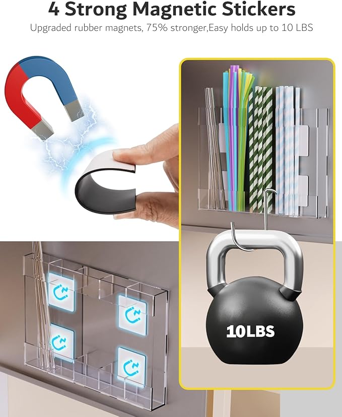 Magnetic Acrylic Straw Holder for Fridge - 5 Slot Sturdy Kitchen Organizer, Adhesive-Free Refrigerator Storage for Metal, Glass, Silicone Straws & Utensils (Clear-Magnetic Type-5C)