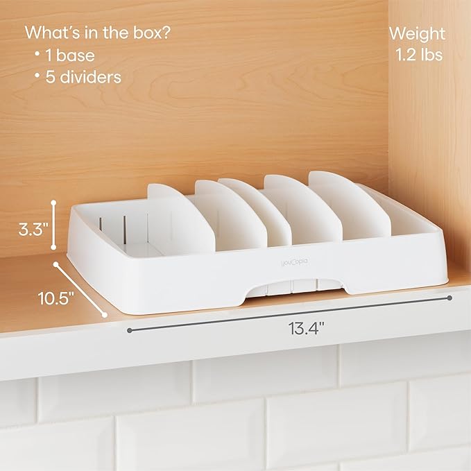 YouCopia StoraLid Food Container Lid Organizer for Kitchen Cabinet Storage with 5 Adjustable Dividers, 10.5''D × 13.4''W × 3.3''H, Large Classic Edition, White (Pack of 6)
