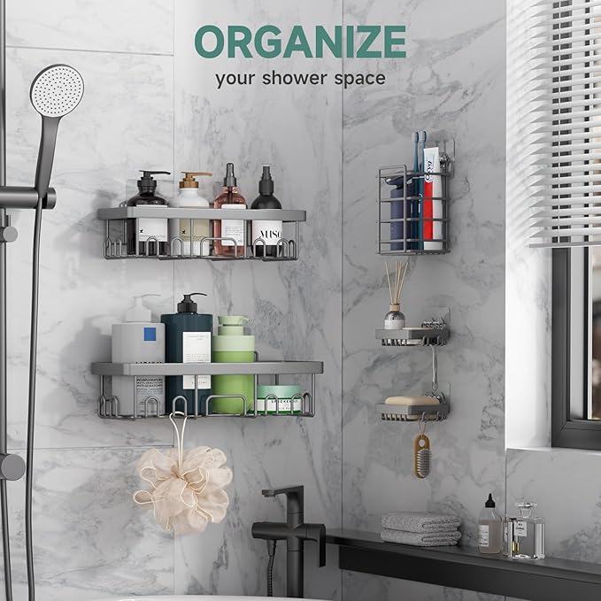 Veken Adhesive Shower Caddy 5-Pack,Heavy Weight Bearing,Large Wall Mounted Shower Shelves Rack,Organizer Storage Accessories with Soap Dish&Toothbrush Holder,Ideal for Bathroom,Home&Kitchen,Light Grey
