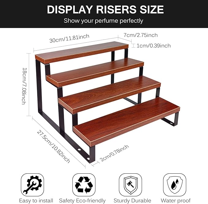 Wood Cologne Organizer for Men (Walnut Color),4 Tier Perfume Stand for Dresser Waterproof Cologne Stand with Anti-Slip pads for Party,Makeup,Figures,Cupcake,Perfume,Display Risers Stand Organizer