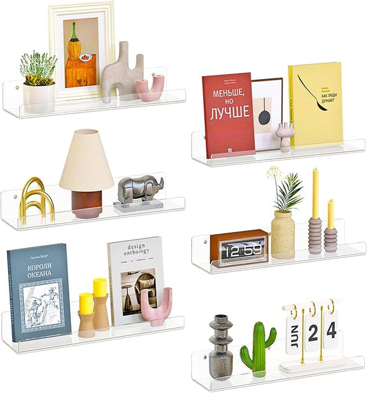 Dooiclear 6 Pack Floating Shelves for Wall, 15" Clear Book Shelf, Acrylic Floating Wall Shelf, Display Shelves Organizer for Bathroom, Classroom, Bedroom, Living Room, Kitchen, Room Decor