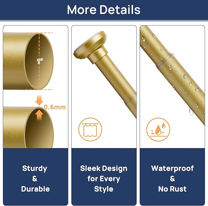 ENJOYBASICS Gold Shower Curtain Rod 30 to 76 Inches, 1 Inch Stainless Steel Adjustable Spring Tension Rods No Drill for Bathroom, Closet, Window, Room Divider, Never Rust, Non Slip