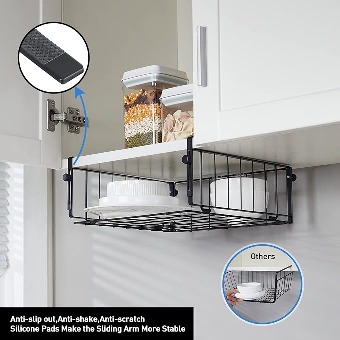AmonHouseware 2 Pack Hanging Under Shelf Storage Basket,Adjustable Under Cabinet Add-on Storage Racks Slide-in Baskets Organizer for Laundry Room Kitchen Pantry Desk Bookshelf, Black