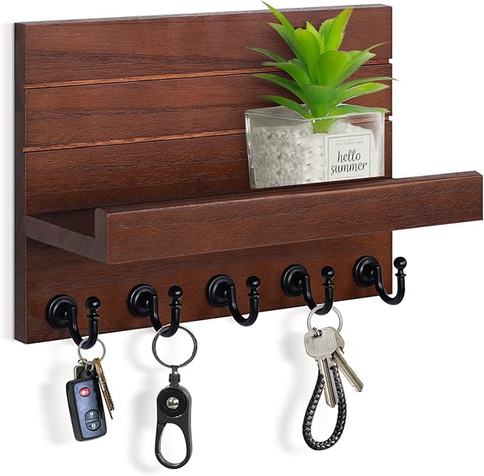 HONJIN Mail and Key Holder for Wall: Easy Installation Modern Mail Holder Wall Mount Key Shelf for Hallway Living Room House Decoration (Brown)