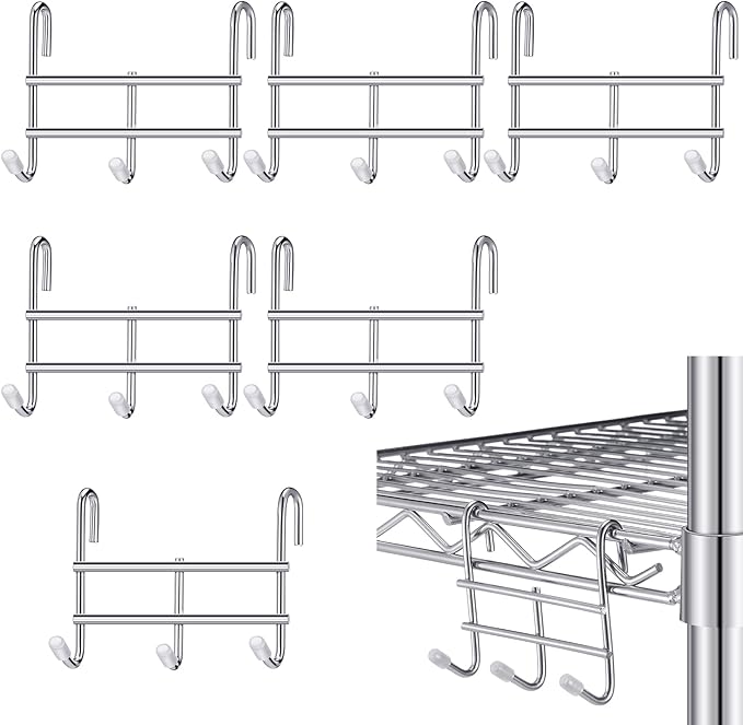 Teenyyou 6 Pack 3 Hook Attachment for Wire Shelving 3.75" l x 1.625" d x 3.25" h Wire Shelving Hooks Accessories Steel Hanging Rack Metal for Storage Organizer(Chrome)