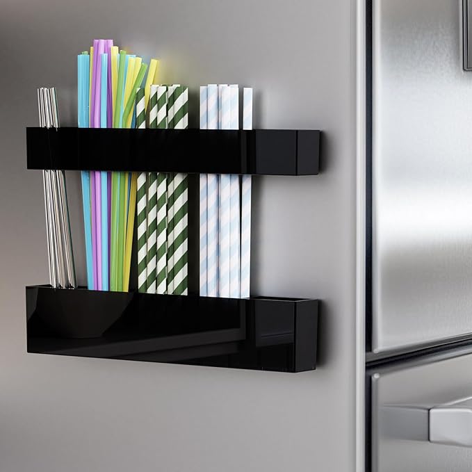 Magnetic Acrylic Straw Holder for Fridge - 5 Slot Sturdy Kitchen Organizer, Adhesive-Free Refrigerator Storage for Metal, Glass, Silicone Straws & Utensils (Black-Magnetic Type-5C)