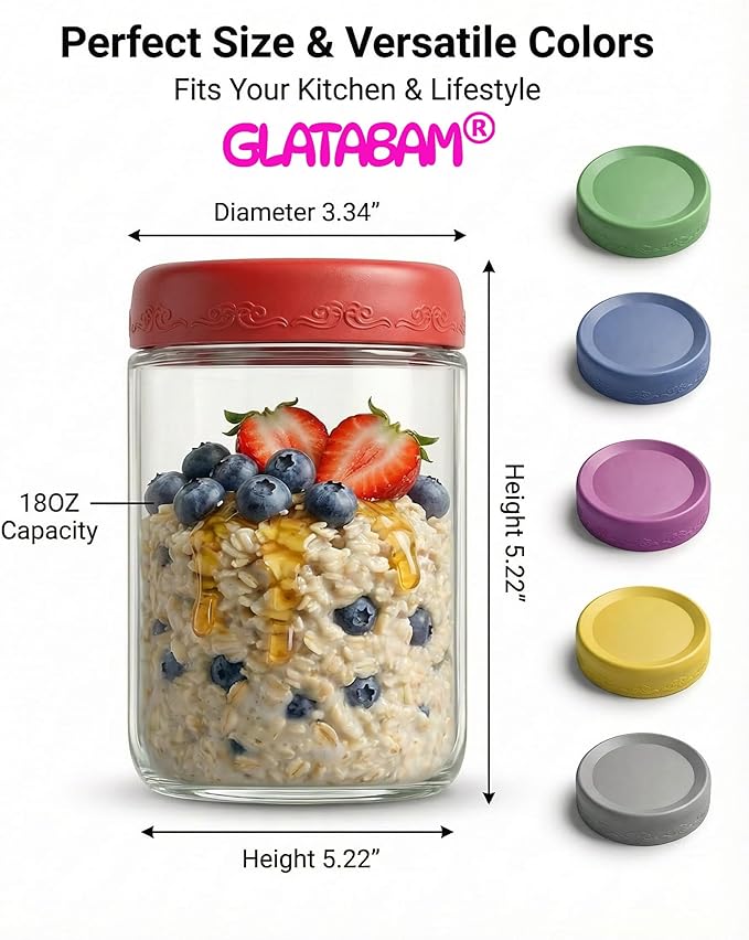 18 OZ 8Pack, Overnight Oats Jars with Lids, Glass Meal Prep Containers, Airtight Mason Jars for Breakfast, Yogurt Parfait, Salad & Smoothies, Leakproof and Reusable Food Storage Jars(8Pack)