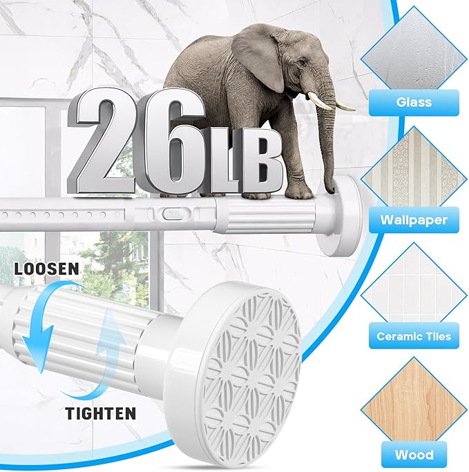 White Tension Curtain Rods 41-146 In Extra Long Outdoor Patio Curtain Rods No Drilling Adjustable Heavy Duty Tension Rods for Windows Bathroom Living Room Curtains, Rod Diameter 1.26In