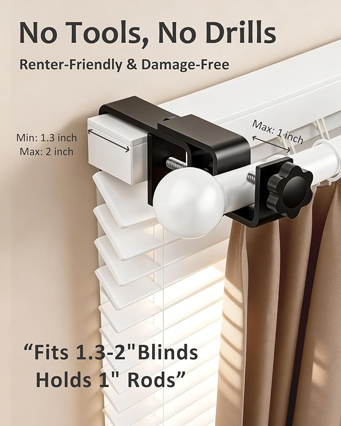 Mimiio No Drill Curtain Rod Brackets for Outside-Mount Blinds, Tool-Free Over-Blind Curtain Rod Holders, Fits 1-2" Rectangular Headrails, No Wall Damage, Renter Friendly Window Hardware, 2 Pack, Black