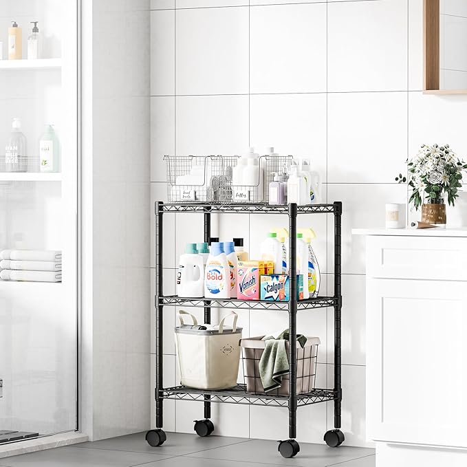 DUMOS 3-Tier Metal Wire Storage Shelves, Adjustable Standing Storage Rack Shelf with Wheels, Heavy Duty Steel Shelving Unit Organizers for Kitchen Bathroom Pantry Garage, 23.1"W×13.4"D×30.2"H, Black