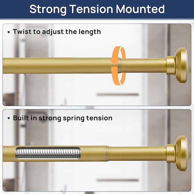 ENJOYBASICS Shower Curtain Rod 30 to 52 Inches, Stainless Steel Adjustable Spring Tension Rods No Drill for Bathroom, Closet, Window, Room Divider, Never Rust, Non Slip, Gold