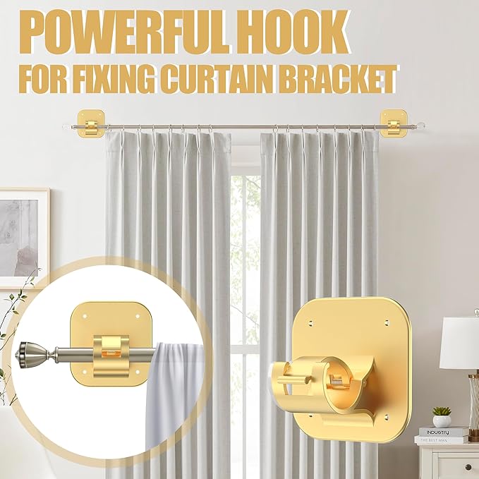 JHCJHC No Drill Curtain Rod Brackets - 20LB, 4 Pack Self Adhesive Curtain Rod Holder, Peel and Stick Wall Hooks, Renter Friendly Upgrades for Apartment, Kitchen, Bathroom, Dorm, Living Room and RV