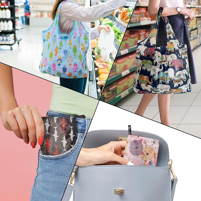 Reusable Grocery bags, 4 Pack - Lightweight And Compact, Grocery Totes Animal Printed, Machine Washable And Durable, Ideal For Groceries, Travel, And Daily Use