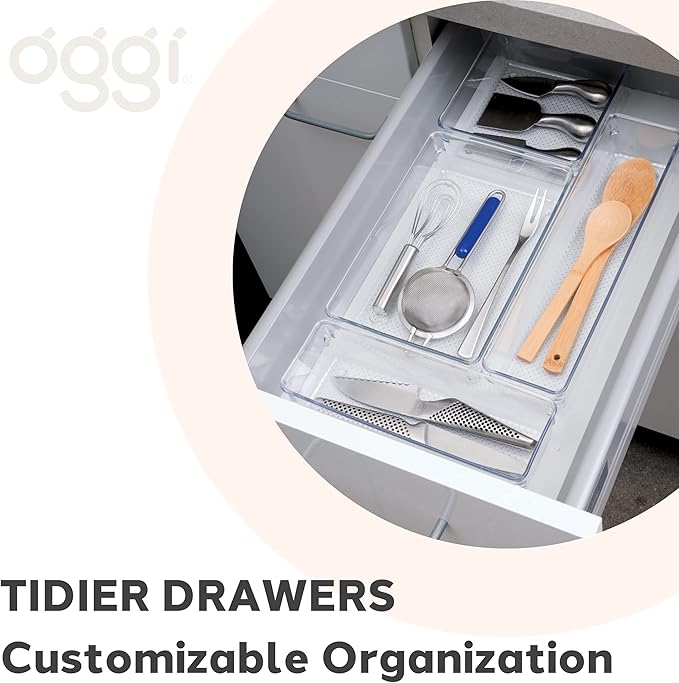 Oggi Clear Drawer Organizer - 3" X 9.5" - Ideal for Organizing Kitchen Drawers, Office, Desk, Silverware, Kitchen Utensils, Cosmetics and Bathrooms