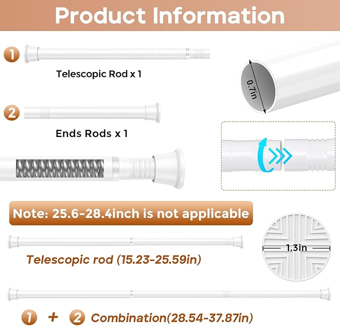 White Spring Tension Curtain Rods 18-36 Inch Adjustable Expandable Spring Loaded Curtain Rods No Drilling Suitable for Small Short Tension Rods 23-34 Inch Doors, Windows, Closet
