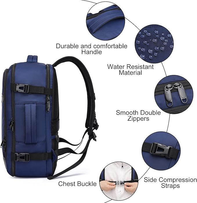 Travel Backpack for Men,Carry On Backpack with Shoe Pouch, TSA 15.6" Laptop Back Pack Flight Approved, College Gym Bag Casual Daypack for Weekender Business Hiking,Bookbag Travel Essentials,Blue