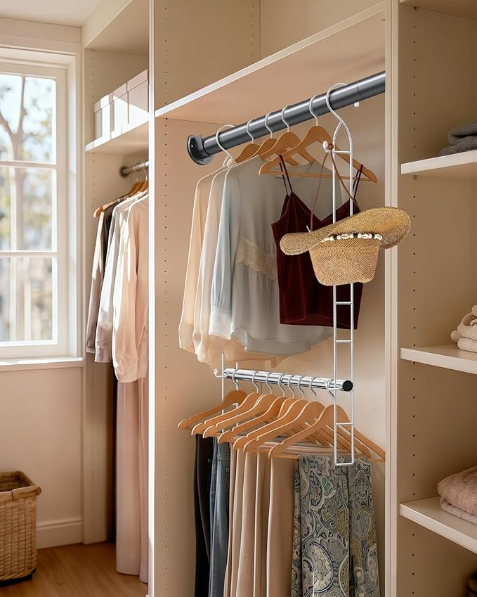 Hanging Closet Rod Stainless Steel, 2 Pack Adjustable Height & Width Closet Rod Extender, Space-Saving Closet Hanging Storage Organizer，Load up to 88LB