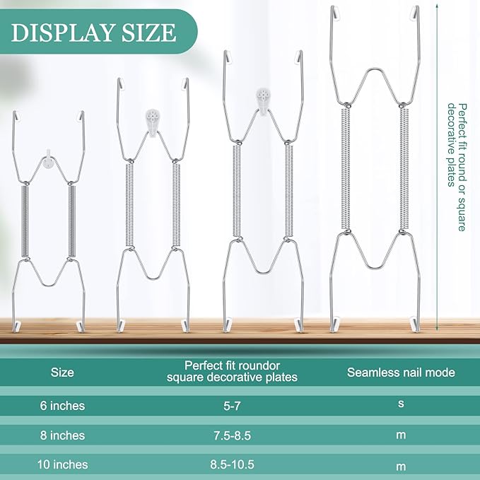 Hotop 12 Pieces Plate Hangers for Wall Stainless Steel Wire Invisible Plate Hangers Heavy Duty Display Holders with 12 Pieces Hooks for Wall Decoration(6/8/10 Inch,Silver)