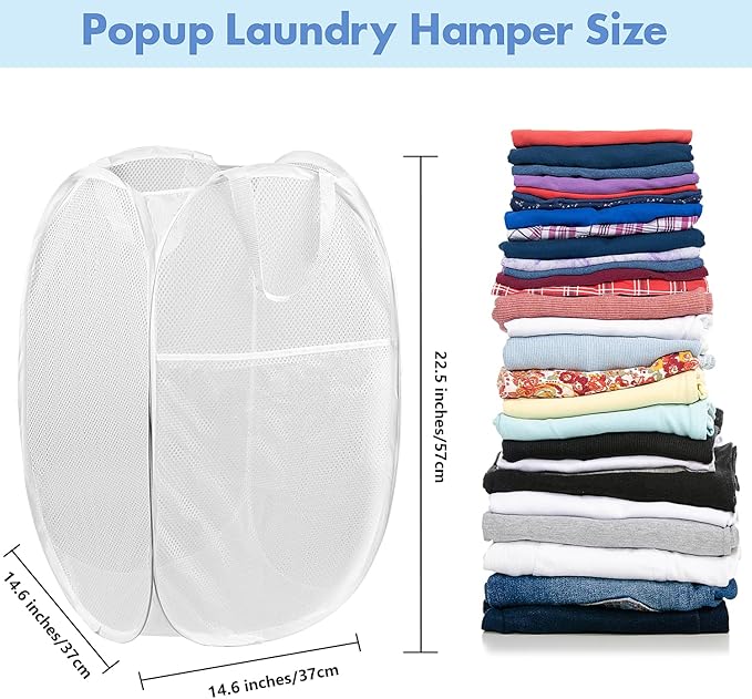 DUCOO Pop Up Laundry Hamper, 70L Collapsible Mesh Laundry Basket with Side Pocket, Foldable Dirty Clothes Hamper with Sturdy Reinforced Handles for Home Dorm Bedroom Travel Bathroom Storage, White