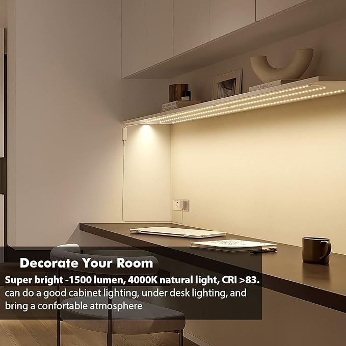 WOBANE Under Cabinet Lighting Kit, 6PCS 20inch LED Strip Bars with 24W Adapter,RF Remote,Hidden Super Bright Daylight for Kitchen Cabinet,Under Desk,Counter Lighting,4000K Natural White,1500LM