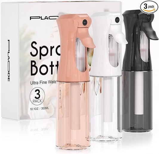 Spray Bottle for Hair, Continuous Ultra Fine Mister Spray Bottle, Refillable Water Sprayer for Hairstyling, Plants, Pets, Cleaning, Skincare (3 Pack 10.1OZ/300ML,White+Black+Terracotta)