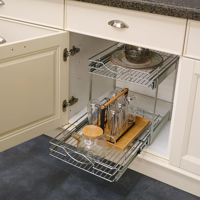 Sikarou Pull Out Cabinet Organizer 20" W x 21" D 2-Tier Individual Slide Out Drawer Pantry Shelf Storage for Kitchen Base Cabinet Organization for Kitchen, Bathroom, Pantry, Chrome