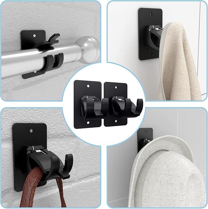 2 Pieces Self Adhesive Curtain Rod Bracket, Universal Plastic Curtain Rod Holders, No Drill Curtain Rod Brackets Curtain Rod Hooks for Bathroom, Bedroom, Livingroom, Kitchen (Black)