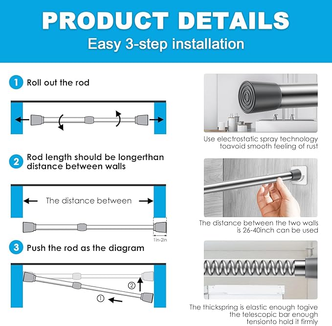 1Pcs Spring Tension Curtain Rod 26-39 inch Spring Tension Rods Silver Tension Rods Adjustable Spring Rod Extendable Tension Rod For Kitchen, Bathroom, Window, Bookshelf,Closet.