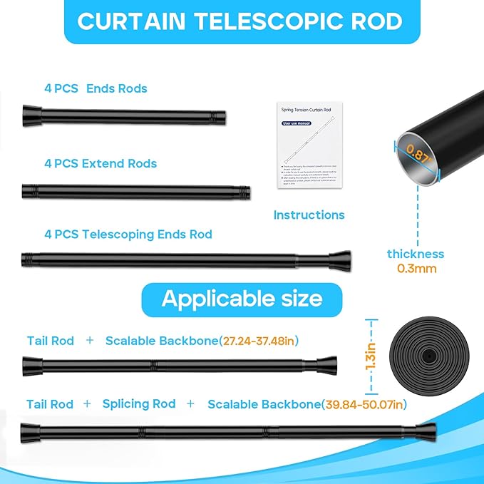 4 Pack Black Tension Rod 28 To 48 Inch Adjustable Spring Tension Curtain Rods No Drilling Short Curtain Rod Extendable Small Spring Tension Rod for Closet Cupboard Bars Refrigerator