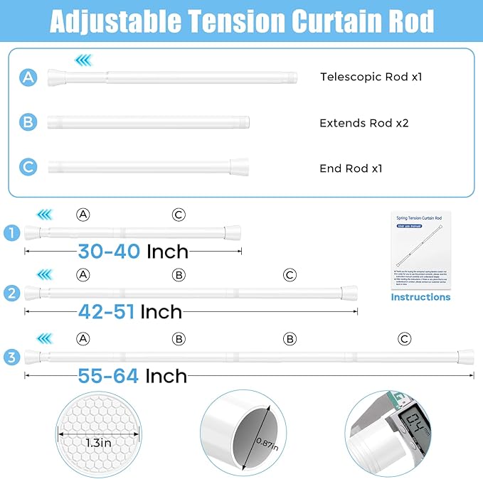 AIZESI Shower Curtain Rod 30-64 Inch No Drilling Adjustable Shower Rod Never Rust & Non-Slip Tension Curtain Rod White Spring Loaded Curtain Rods for Window Bathroom Doorway Closet Cupboard